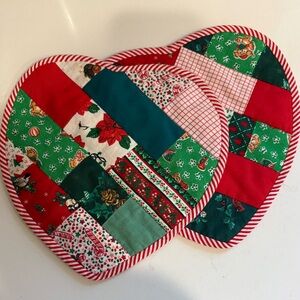 Handmade Quilted Christmas Potholders Patchwork Heart Shaped